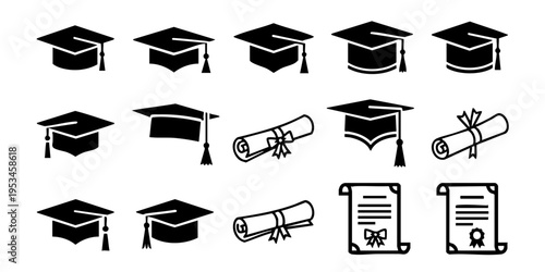 Graduation ceremony icons show caps diplomas scrolls