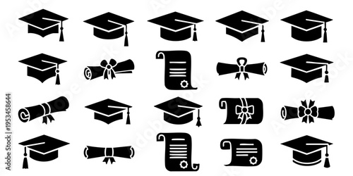 Graduation ceremony icons display academic caps diplomas on white background
