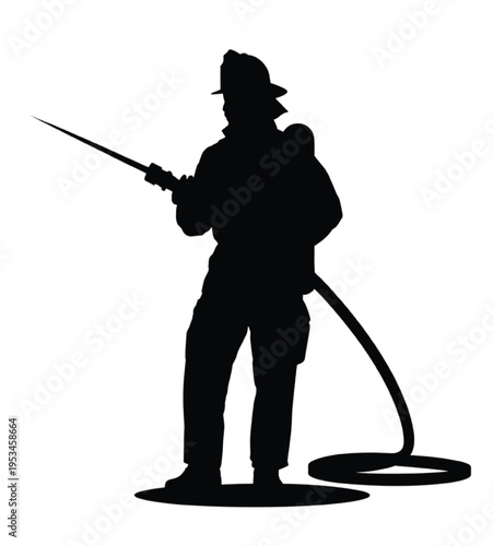 Black silhouette of a firefighter holding a fire hose vector illustration EPS PNG file