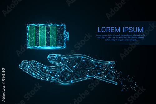 A futuristic digital illustration of a glowing battery with a lightning bolt inside, designed in a polygonal wireframe style.