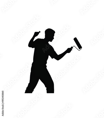 Silhouette of a person holding a paint roller in a minimalist black and white style vector illustration EPS PNG file