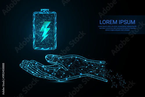 A futuristic digital illustration of a glowing battery with a lightning bolt inside, designed in a polygonal wireframe style.