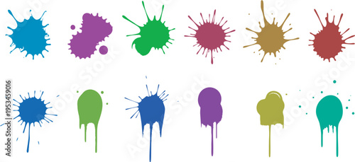 Vibrant ink splatter patterns in various colors on white background
