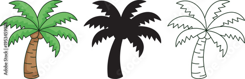 Three stylized palm tree illustrations in different colors and line styles
