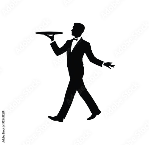 Silhouette of a waiter in formal attire carrying a tray vector illustration EPS PNG file