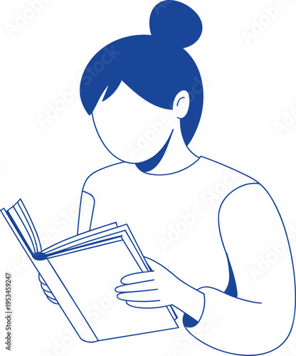 Woman with hair bun reading an open book blue line