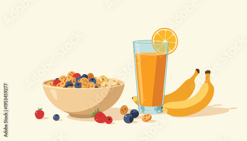   
Nutritious breakfast with cereal berries bananas and orange juice perfect for healthy food lifestyle vector illustration