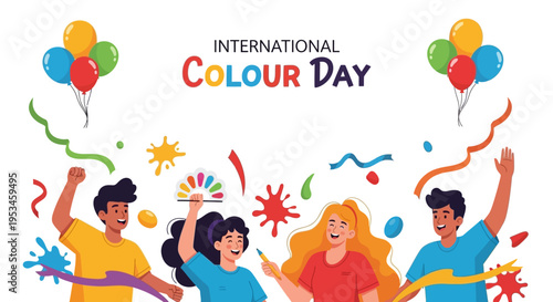 A vibrant illustration of people celebrating International Colour Day with colorful balloons, streamers, and a rainbow color spectrum in a bright and joyful scene.