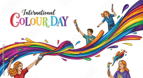 Illustration of four people celebrating International Colour Day with vibrant colorful paint splashes and rainbow spectrum on a white background.