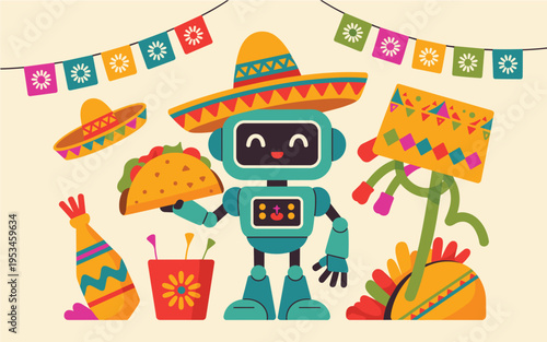 Cute robot wearing a sombrero and holding a taco for cinco de mayo
