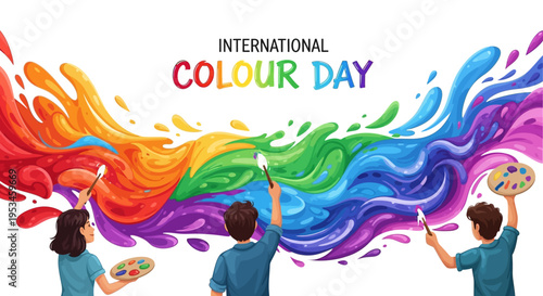 Illustration of three people painting a vibrant rainbow-colored background for International Colour Day with colorful splashes and creative design elements.