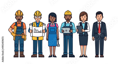 Diverse group of six professionals standing in a line, including construction workers and business attire, illustrated in a colorful cartoon style against a plain white background.