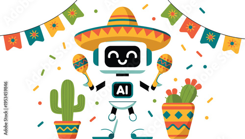 Cute robot wearing a sombrero and holding maracas with cacti