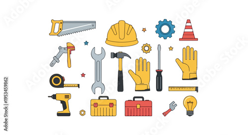 Flat lay illustration of various construction and repair tools against a clean white background with a focus on industrial and building equipment.