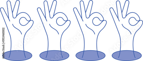 Four blue outline hands making the okay gesture on white background