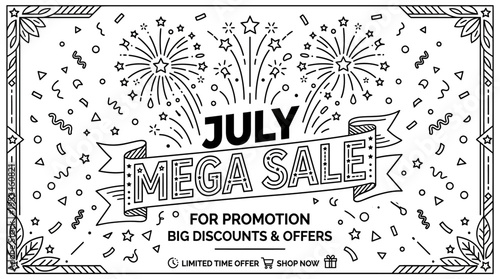 July Mega Sale Banner with Fireworks and Decorations
