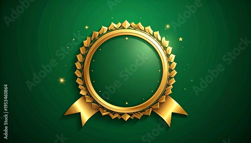 Golden award emblem with ribbon on a dark green backdrop