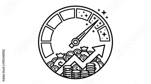 Financial Growth Meter with Rising Arrow and Money Bags