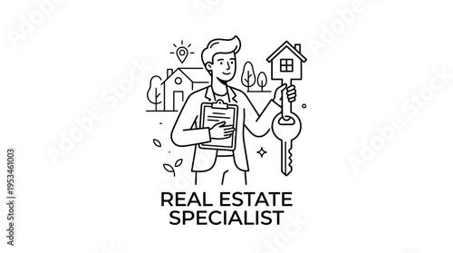 Real Estate Specialist Holding House Key and Clipboard