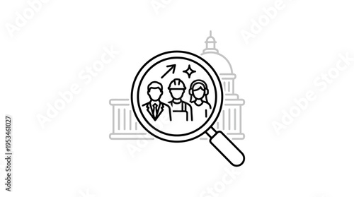 Examining Workforce with Magnifying Glass at Government Building