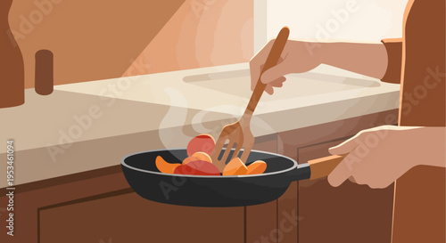 Person cooking vegetables in a frying pan on kitchen counter, flat vector illustration of healthy meal preparation at home