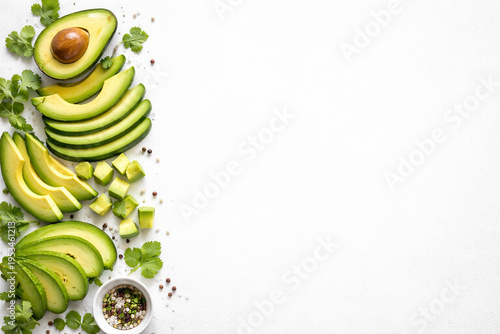 Avocado Arrangement: A vibrant assortment of sliced avocado and fresh herbs, artfully arranged on a clean backdrop, showcasing the beauty of fresh, healthy ingredients.