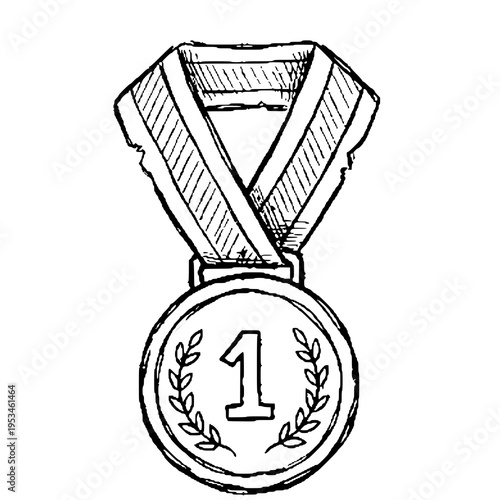 Hand-drawn illustration of a gold number one medal with ribbon, ideal for achievement, winner, award, and success themed designs.