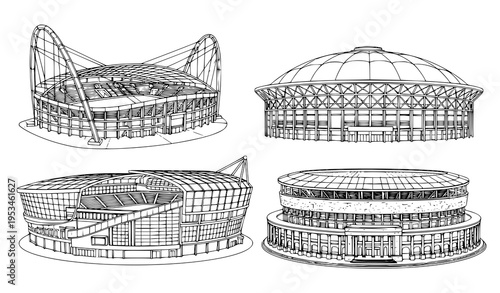 Four Stadium Buildings Black and White Outline Line Art Vector Set
