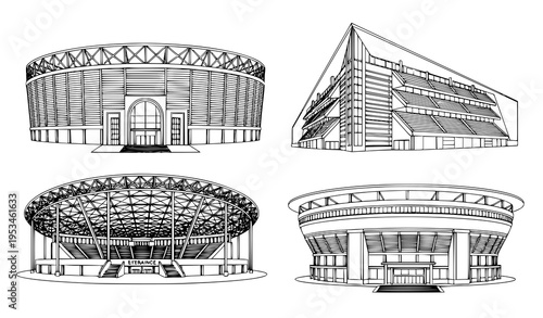 Unique Stadium Structures Black Line Art Vector Illustration Set