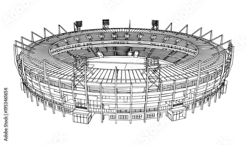 Circular Sports Stadium Black and White Line Art Vector Illustration