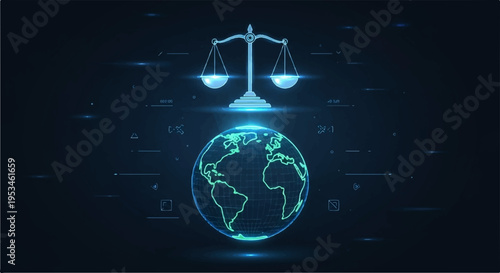 Glowing blue scales of justice above earth globe on dark background with neon effect
