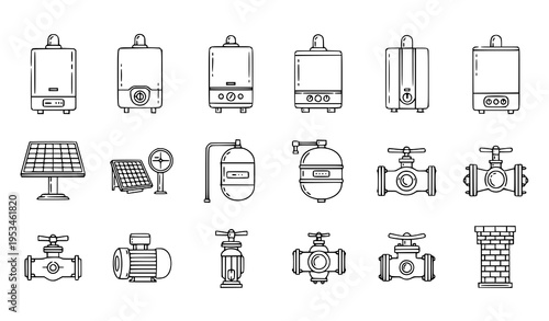 Home Heating and Water System Outline Icons Editable Stroke Plumbing HVAC Vector Illustration Set