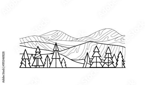 Minimalist Black Line Art Pine Landscape Abstract Vector Illustration