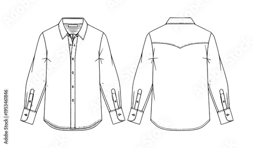 Striped Classic Shirt Technical Fashion CAD Illustration Front and Back View