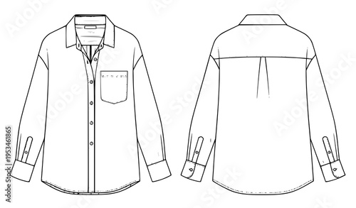 Unisex Striped Button Shirt Flat CAD Technical Fashion Illustration Template