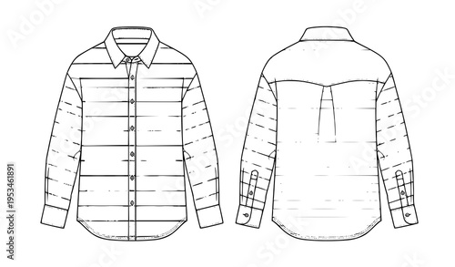 Classic Striped Shirt Front and Back Technical CAD Illustration for Unisex Apparel