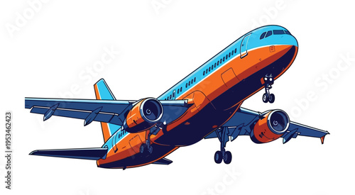 Brightly colored vector of a large commercial airplane in mid-flight with its landing gear extended