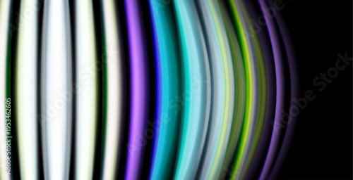 Abstract colorful lines form curved pattern. Gradient shades transition across spectrum, creating dynamic visual effect. Black background emphasizes vibrant hues.