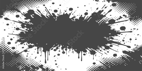 This abstract vector illustration features a black grunge ink splash and paint splat design with a dirty spray texture and halftone pattern border