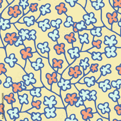 Playful Blue Orange Ditsy Floral Pattern