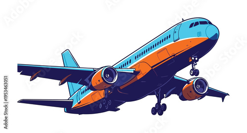 Vector of a modern airplane in mid-flight with a blue and orange color scheme