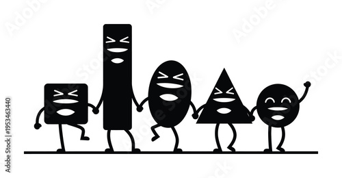 Vector of five anthropomorphic geometric shapes with facial expressions and limbs standing in a row