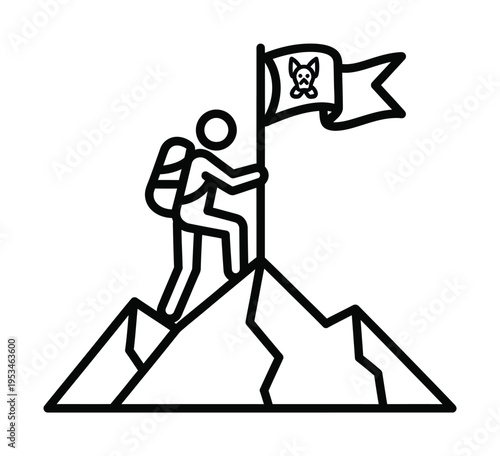 Vector of a person climbing a mountain peak while placing a pirate flag at the summit