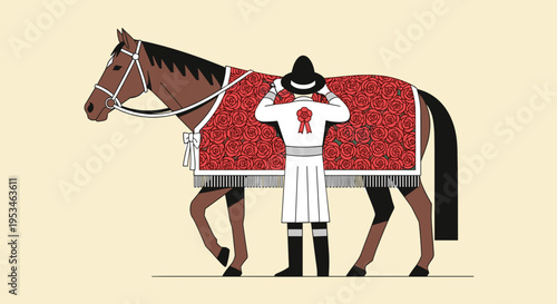 Racehorse draped with red roses blanket and handler in traditional attire at Kentucky Derby 2026 ceremony, iconic winner presentation, flat vector illustration