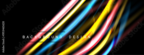 Abstract vibrant lines create dynamic background. Colors blend, forming modern design element. Brightness contrasts dark space.