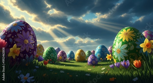 Giant decorated easter eggs with painted daisy and floral motifs standing on green meadow with daffodils, tulips and crocuses in foreground under dramatic sunlit cloudy sky, magical spring holiday con