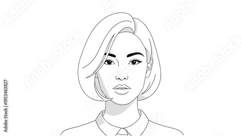 Frontal portrait of a professional young woman with short stylish hair wearing a collared shirt in a clean line art style.