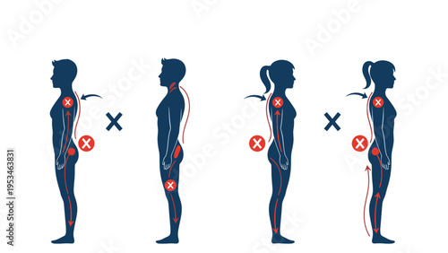 Comparative diagram showing various common posture mistakes and correct body alignment for both male and female body types.