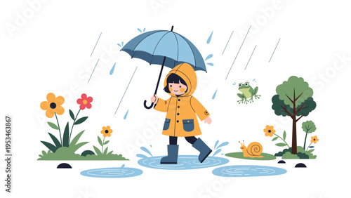 Cute little girl in a yellow raincoat and boots walking through puddles in a garden while holding a blue umbrella in the rain.
