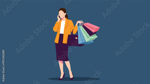 Busy modern woman multitasking while carrying many colorful shopping bags and a purse while talking on her mobile phone.